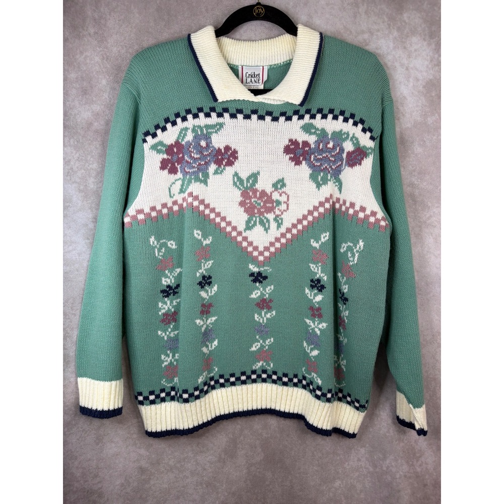 NWT VTG‎ 90s Cricket Lane Sweater Womens Large Green Floral Polo Collar USA